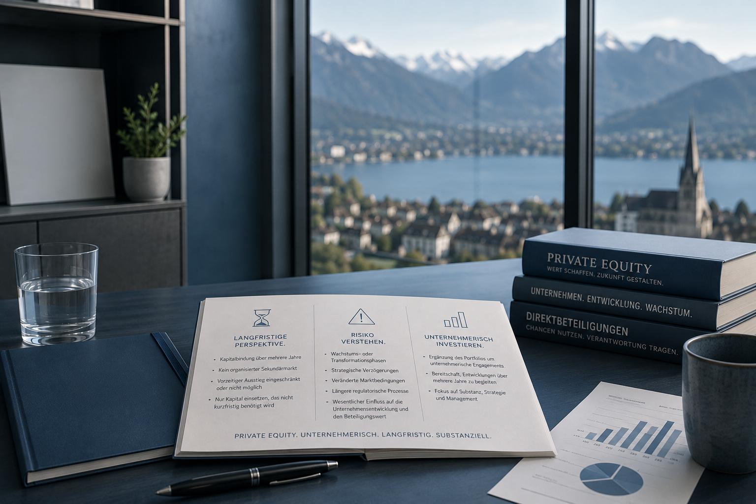 Private-Equity-Unterlagen vor einem Fenster